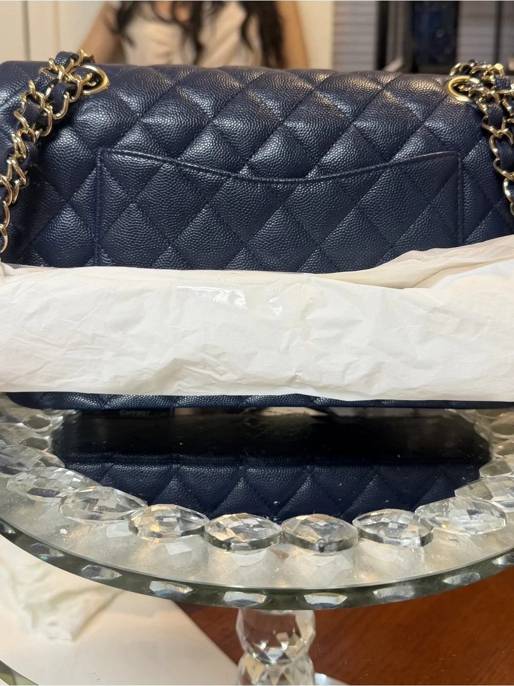 Chanel Classic Double Flap Bag in Dark Blue (Navy) Caviar Leather with Silver Ha